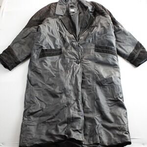 Vintage Greg Bell Black Genuine Leather Suede Trim Trench Coat Shoulder Pad 1X